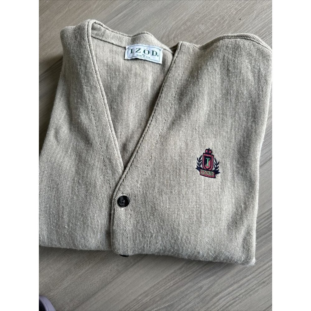 Vintage Izod Cardigan Men Sz XL Beige Button Up Long Sleeve Made In USA‎ Sweater
